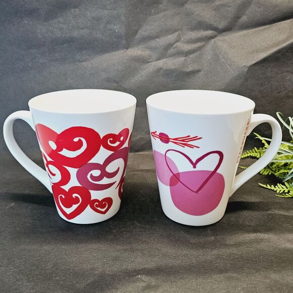 2 Starbucks Coffee Cup Mug 2016 Valentine's Day Pink Heart Arrow & Paisley Heart - Picture 1 of 11